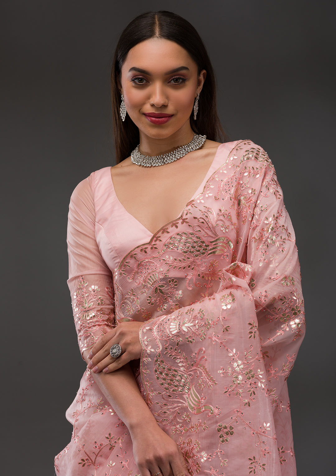 Pink Gotapatti Organza Saree
