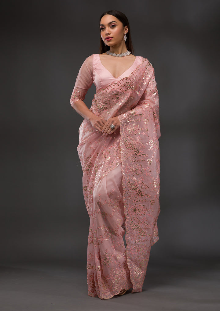 Pink Gotapatti Organza Saree