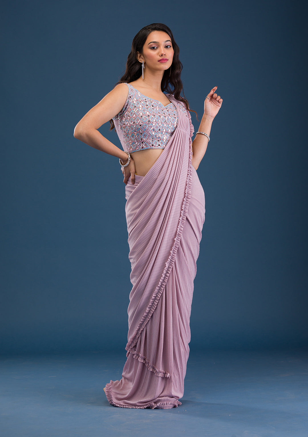 Pink Mirrorwork Lycra Readymade Saree