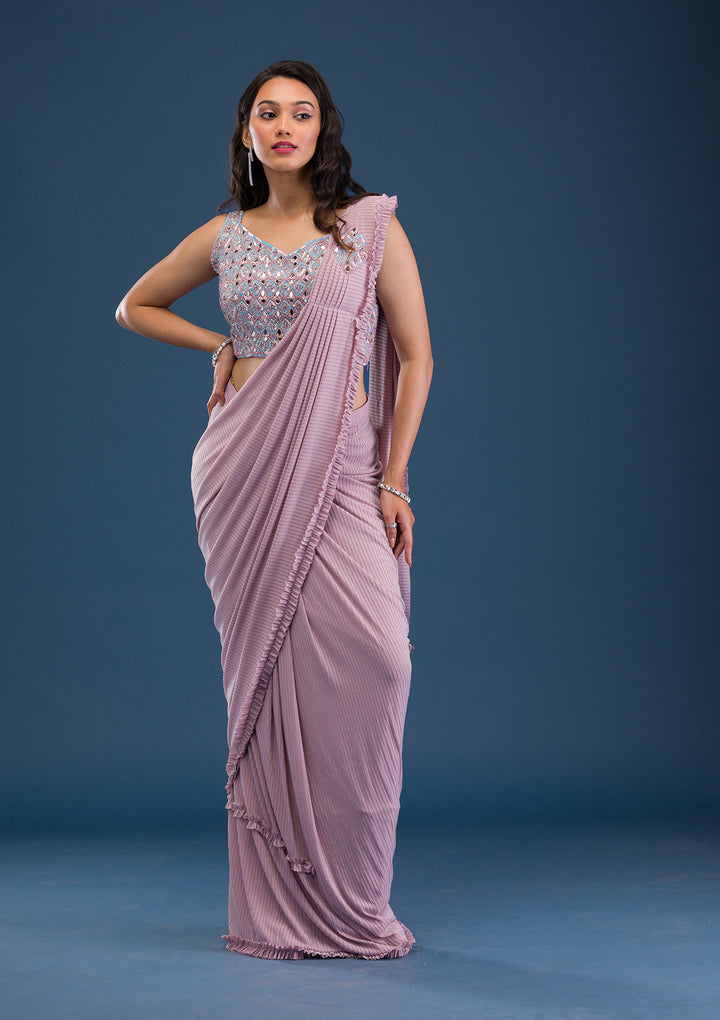 Pink Mirrorwork Lycra Readymade Saree