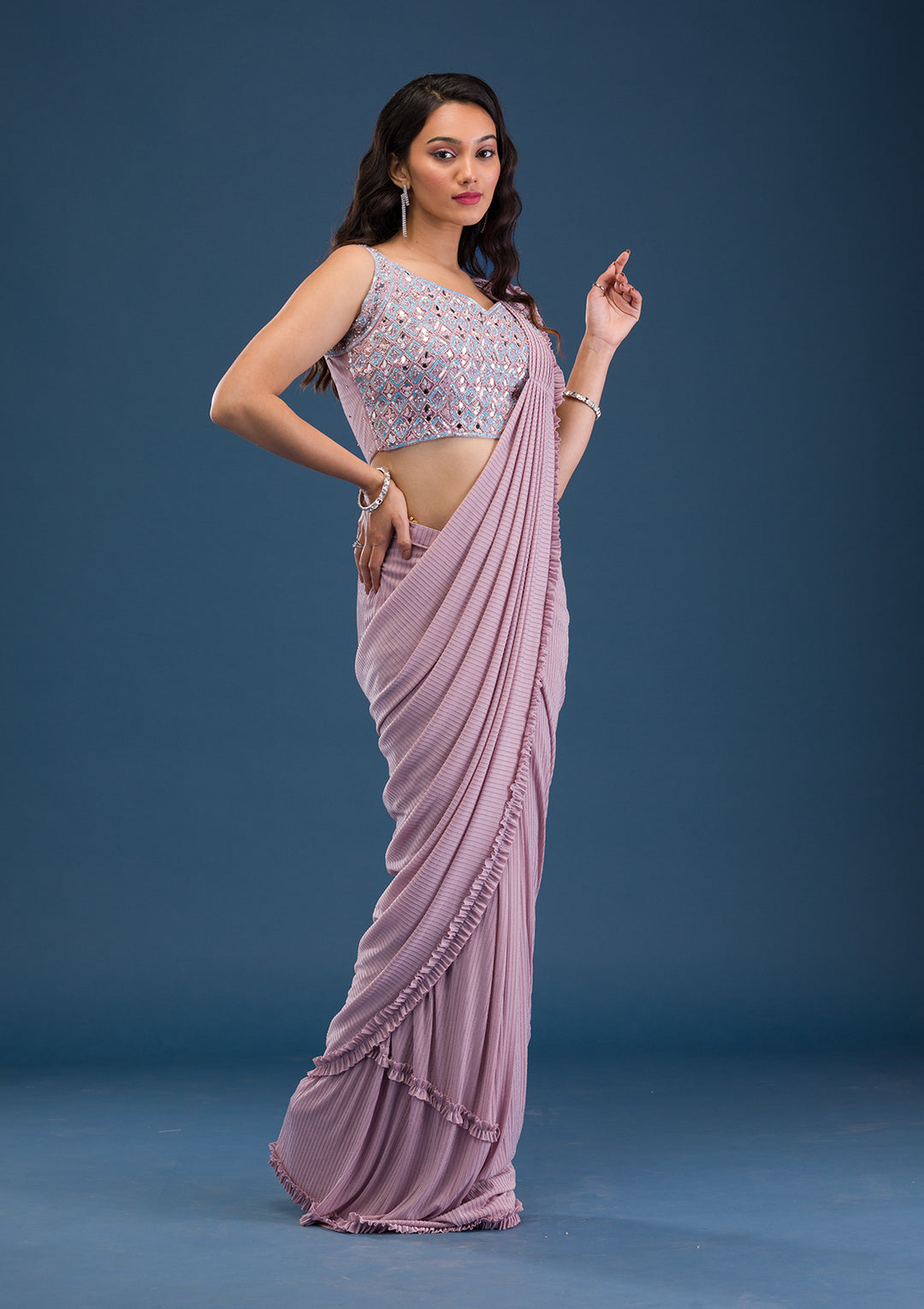 Pink Mirrorwork Lycra Readymade Saree