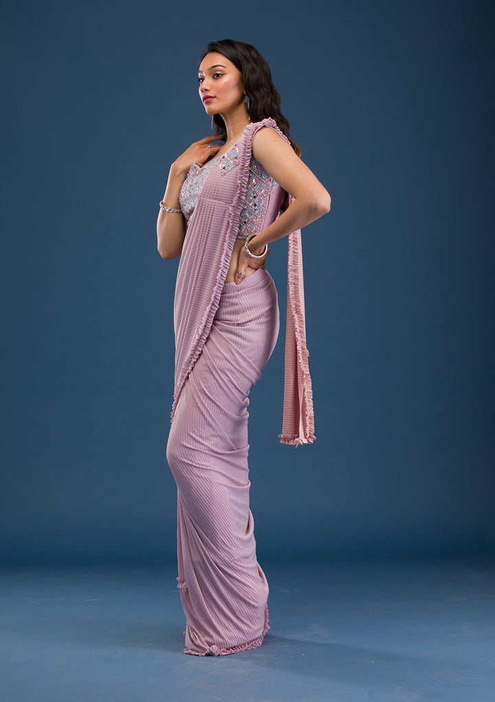 Pink Mirrorwork Lycra Readymade Saree