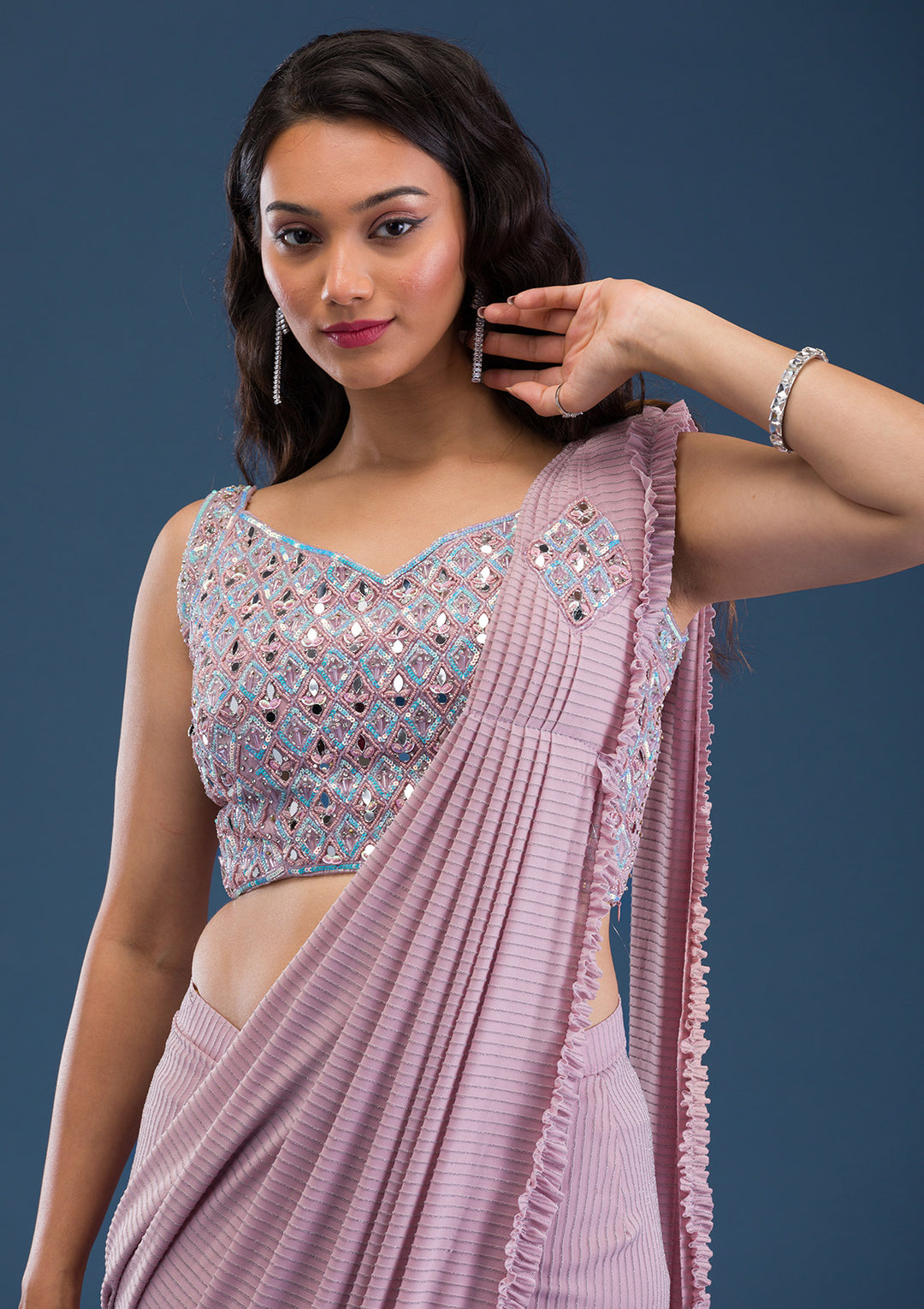 Pink Mirrorwork Lycra Readymade Saree