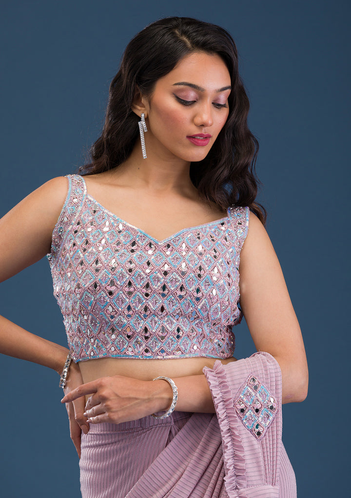 Pink Mirrorwork Lycra Readymade Saree