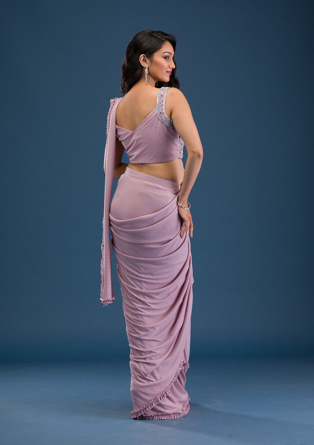 Pink Mirrorwork Lycra Readymade Saree