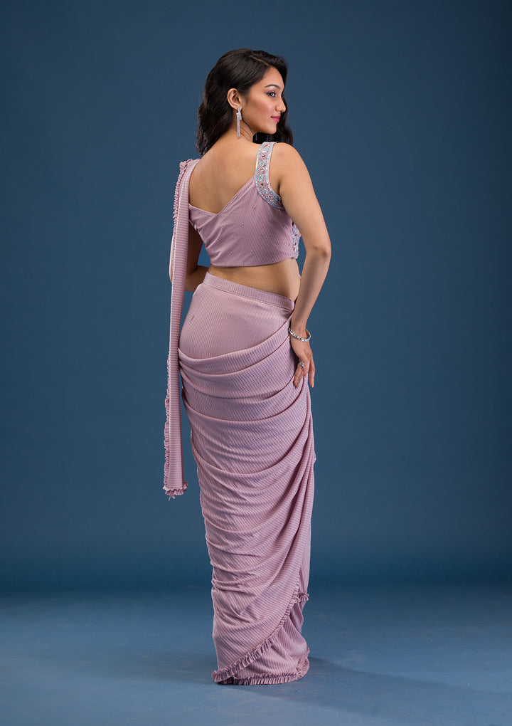 Pink Mirrorwork Lycra Readymade Saree