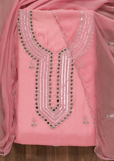 Pink Mirrorwork Semi Crepe Unstitched Salwar Suit