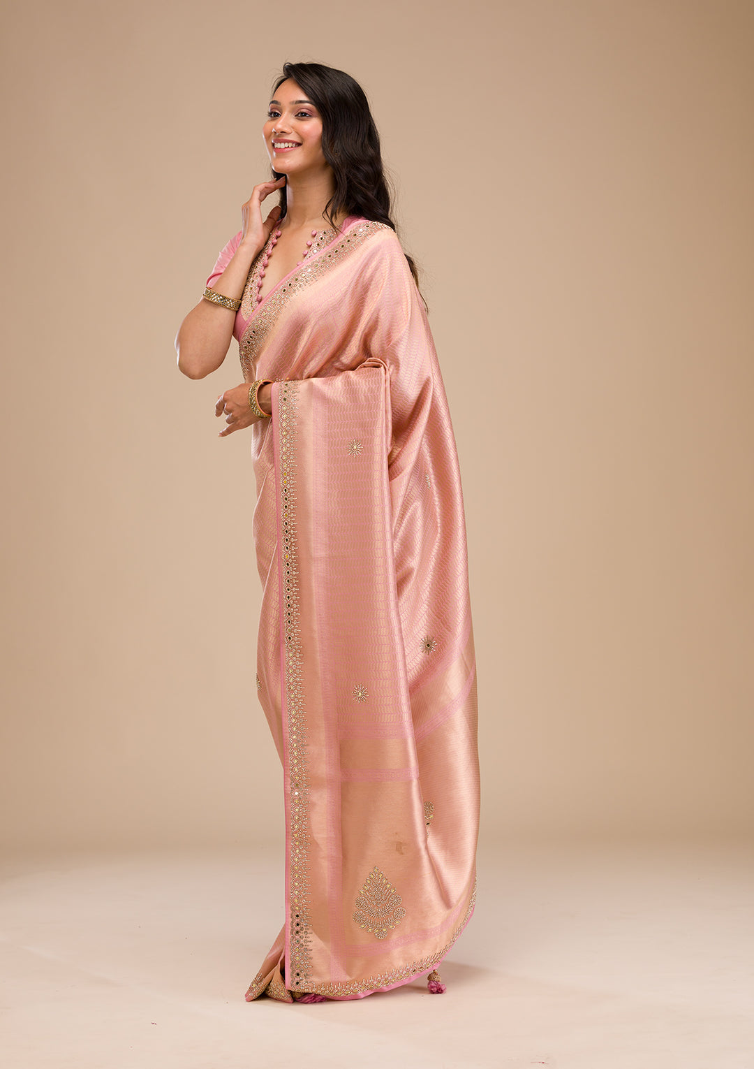 Pink Mirrorwork Soft Silk Saree