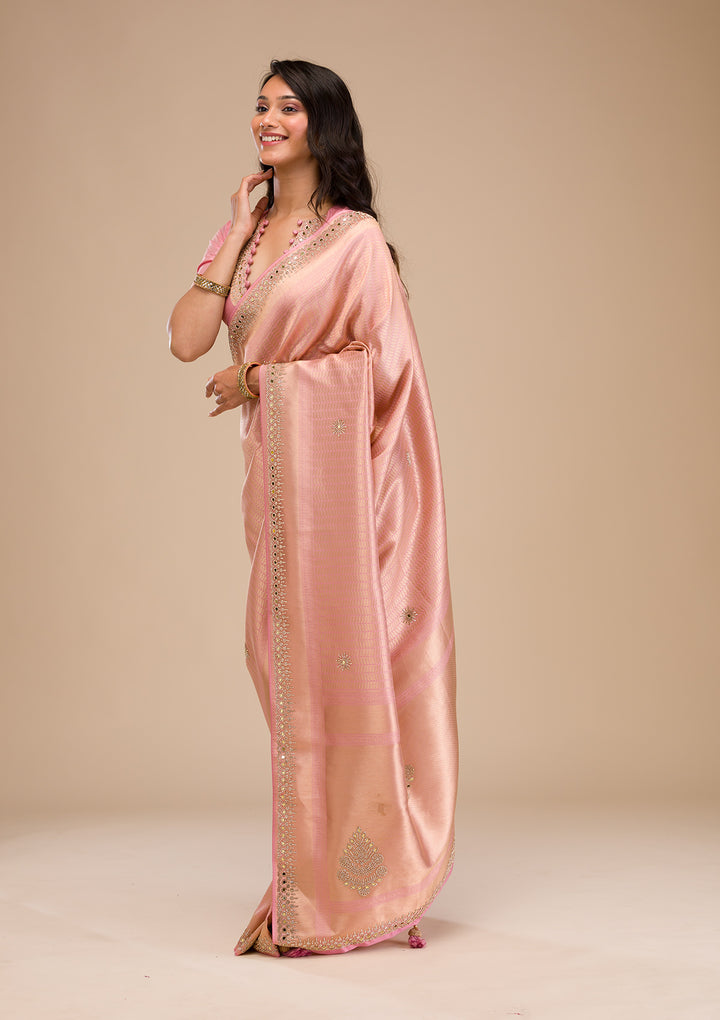 Pink Mirrorwork Soft Silk Saree