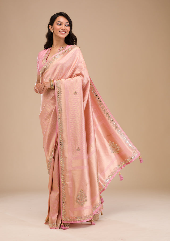 Pink Mirrorwork Soft Silk Saree