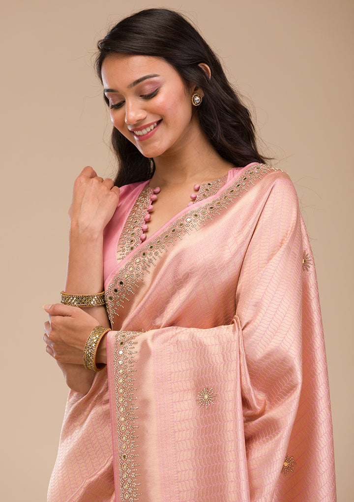 Pink Mirrorwork Soft Silk Saree