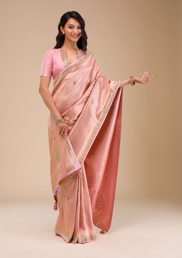 Pink Mirrorwork Soft Silk Saree