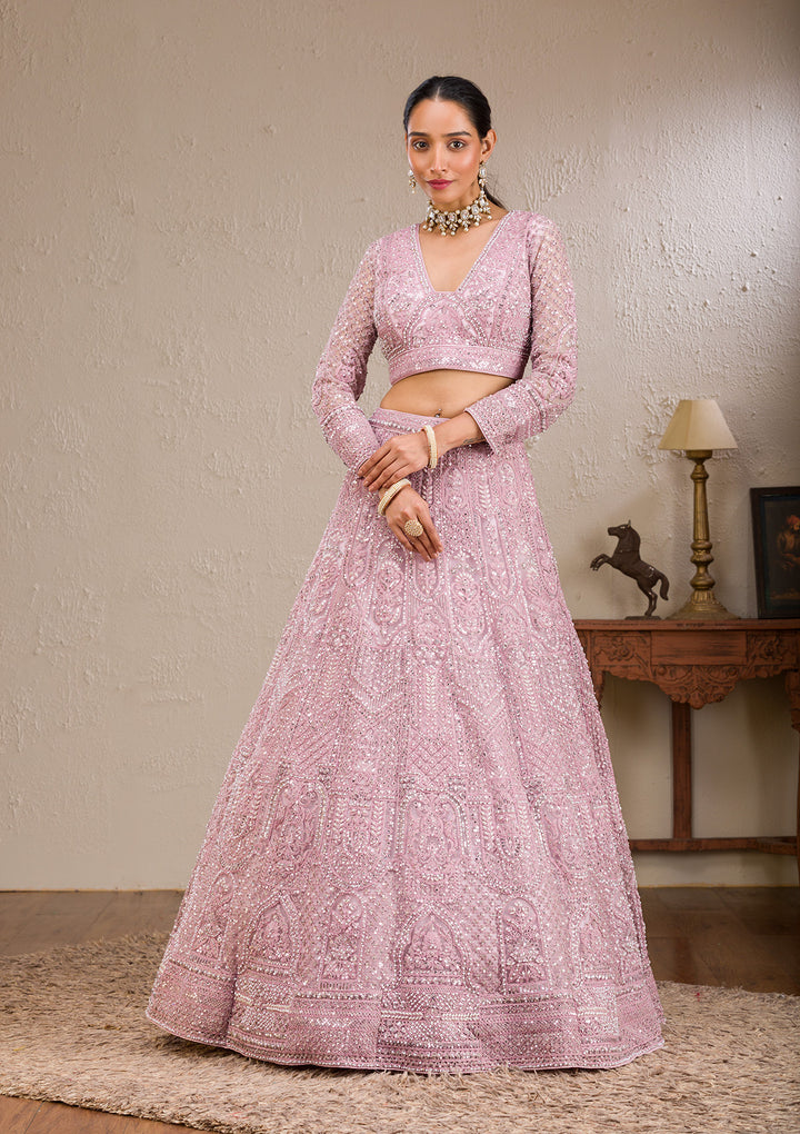 Pink Pearlwork Net Readymade Lehenga