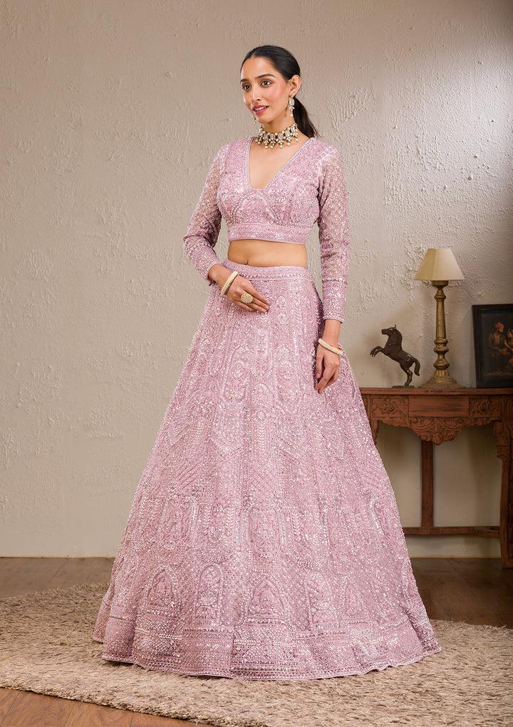 Pink Pearlwork Net Readymade Lehenga