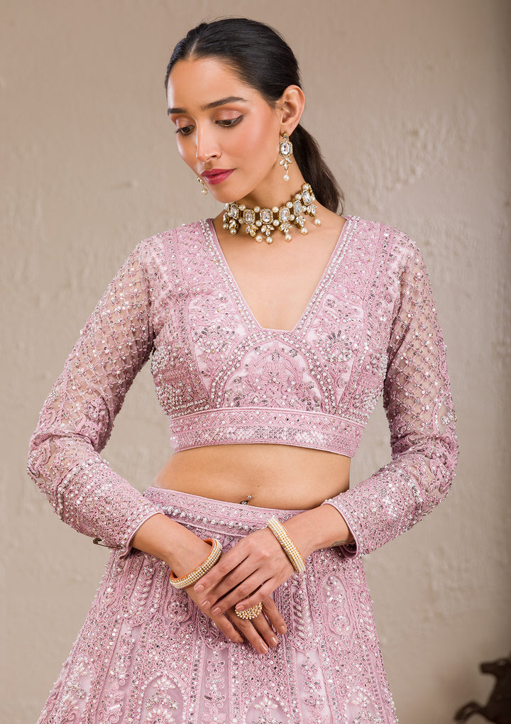 Pink Pearlwork Net Readymade Lehenga
