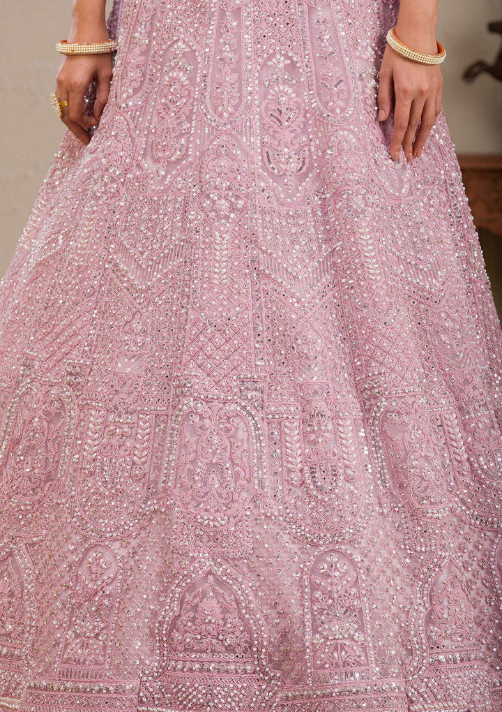 Pink Pearlwork Net Readymade Lehenga
