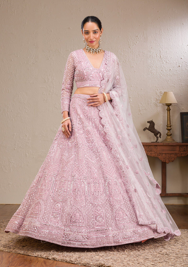 Pink Pearlwork Net Readymade Lehenga