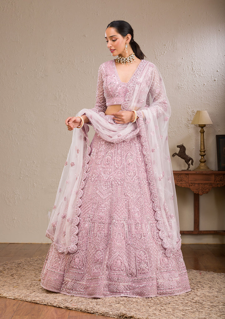 Pink Pearlwork Net Readymade Lehenga