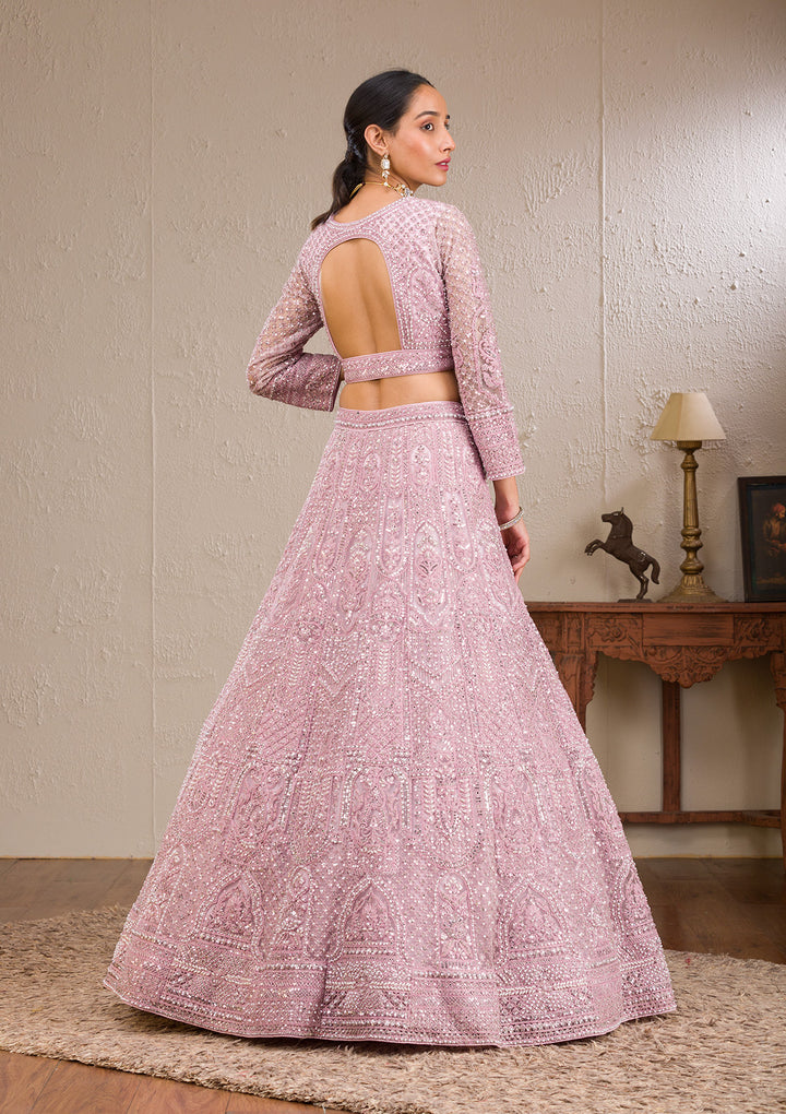 Pink Pearlwork Net Readymade Lehenga