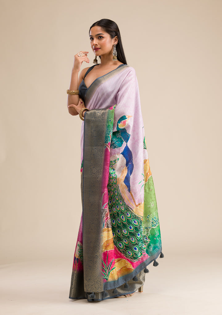 Pink Printed Art Silk Saree