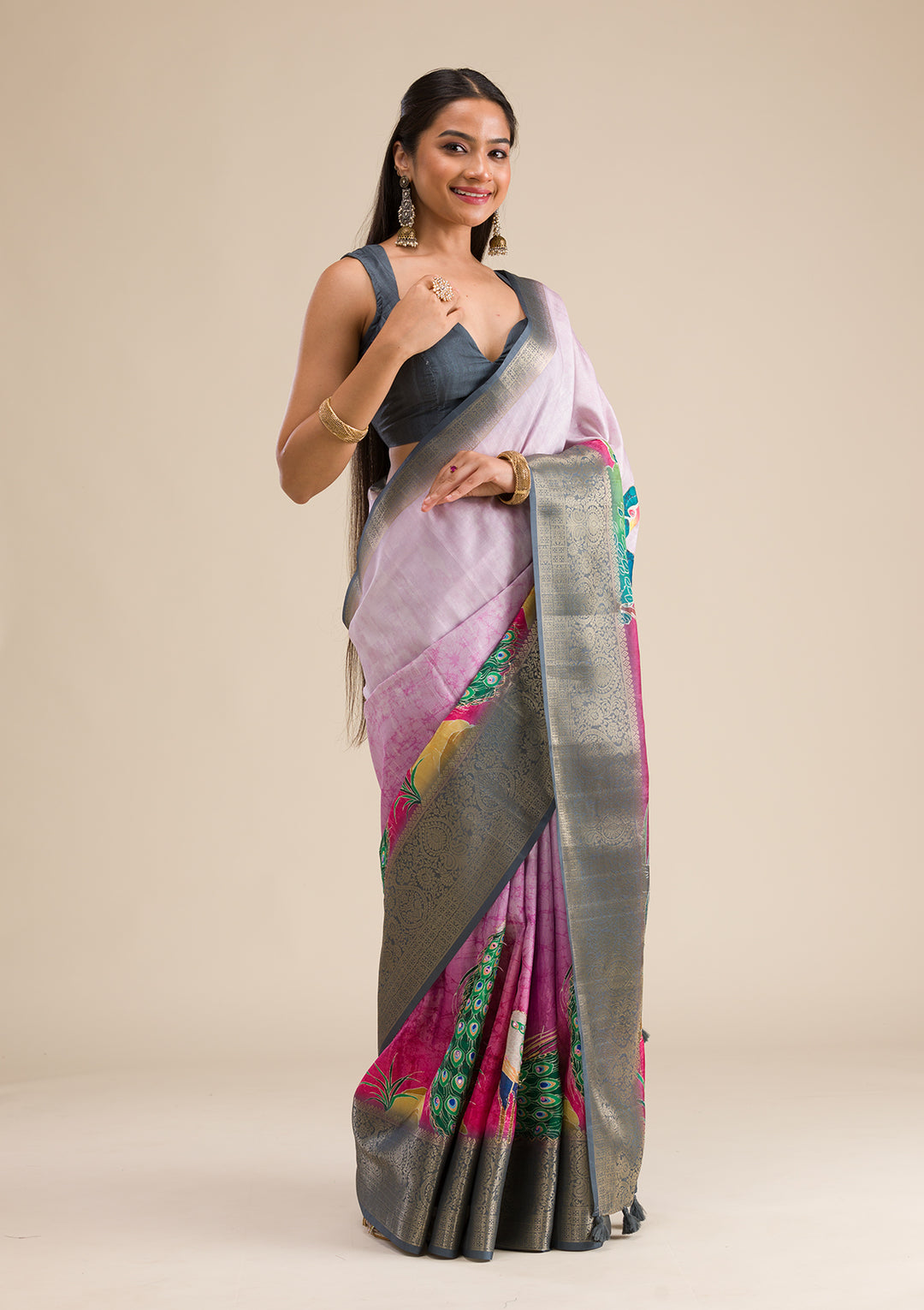 Pink Printed Art Silk Saree