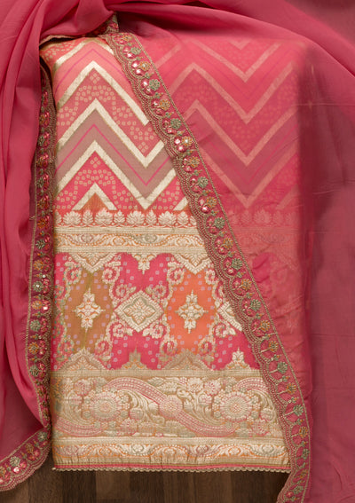 Pink Printed Banarasi Unstitched Salwar Suit
