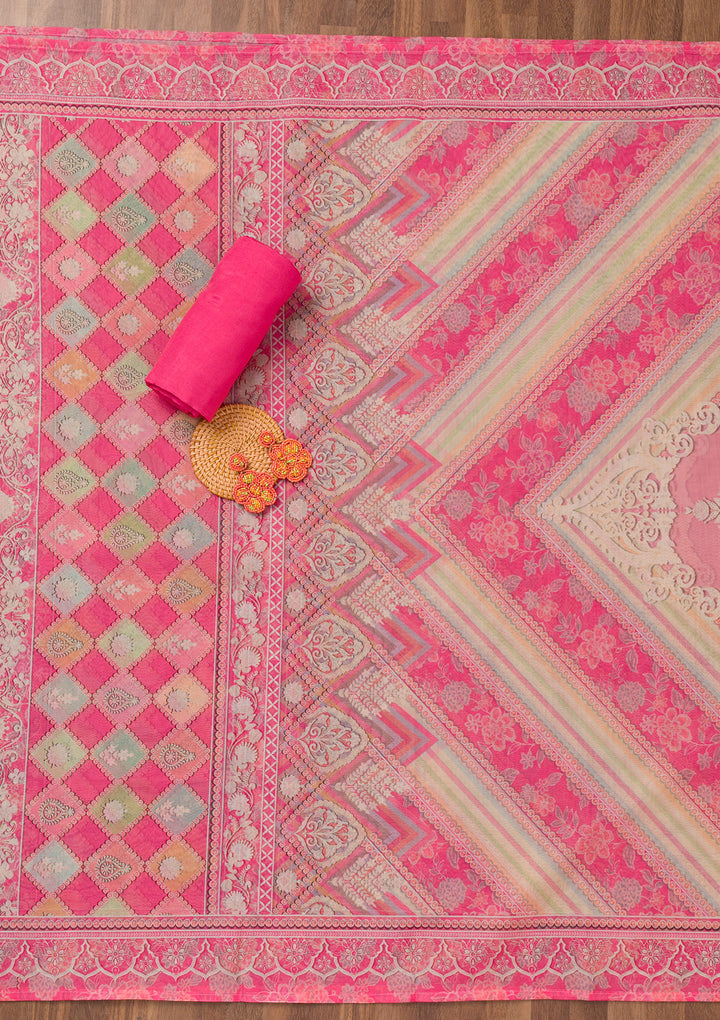 Pink Printed Chanderi Unstitched Salwar Suit