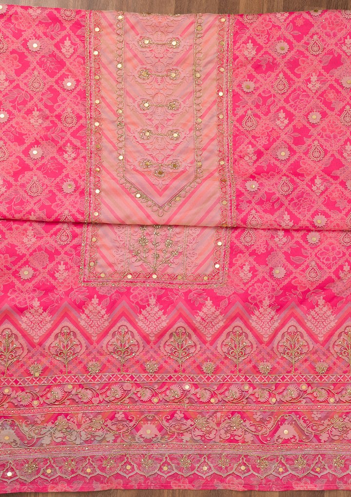 Pink Printed Chanderi Unstitched Salwar Suit