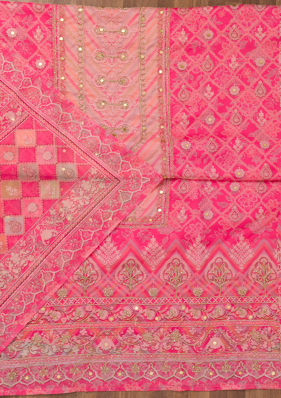 Pink Printed Chanderi Unstitched Salwar Suit