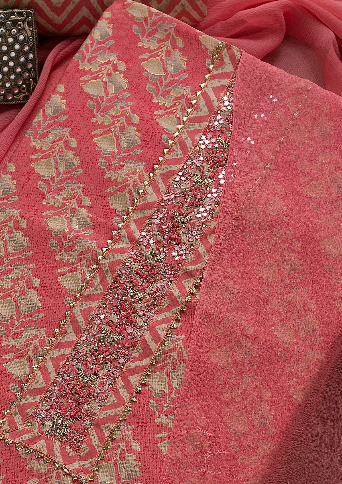 Pink Printed Cotton Unstitched Salwar Suit