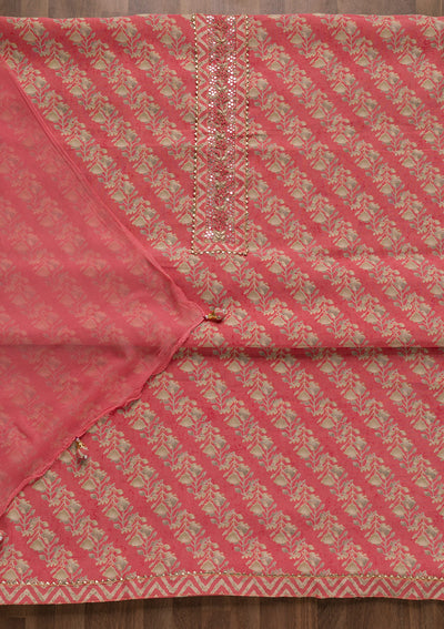 Pink Printed Cotton Unstitched Salwar Suit