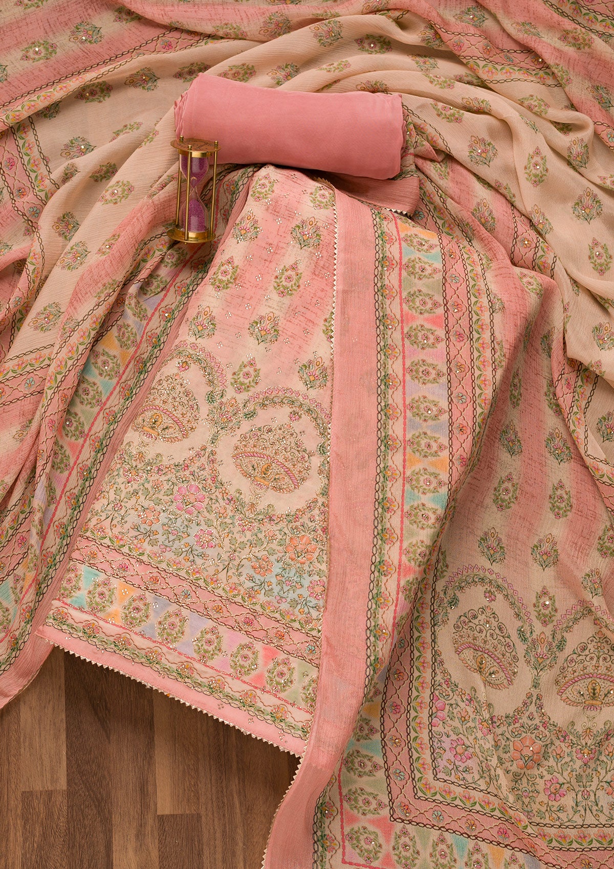 Pink Printed Crepe Unstitched Salwar Suit-Koskii
