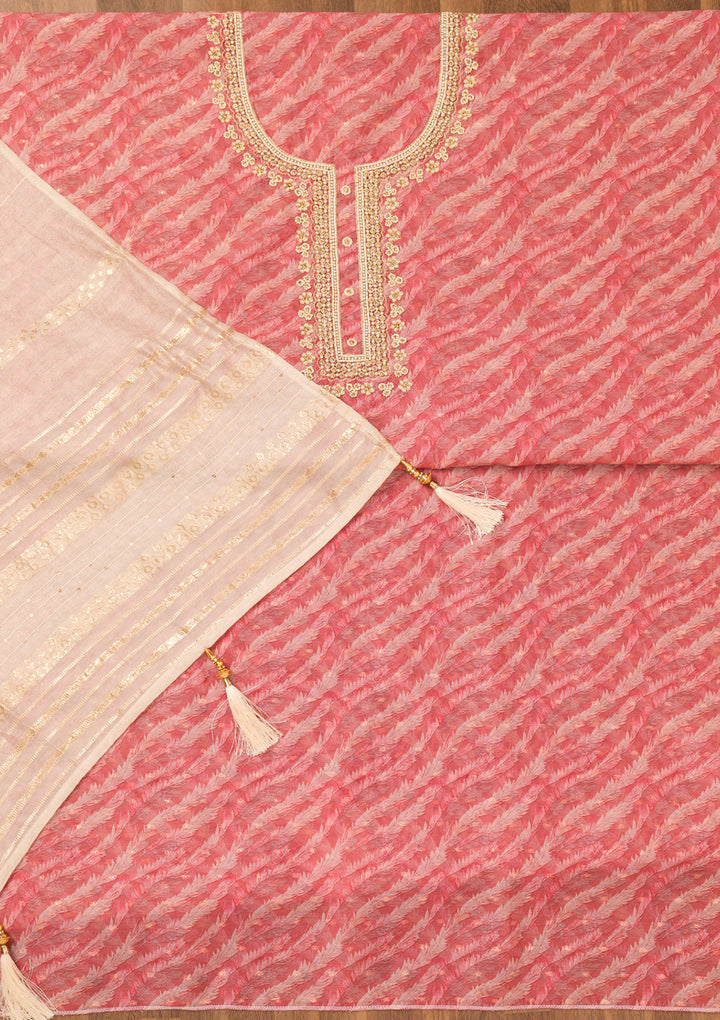 Pink Printed Organza Unstitched Salwar Suit