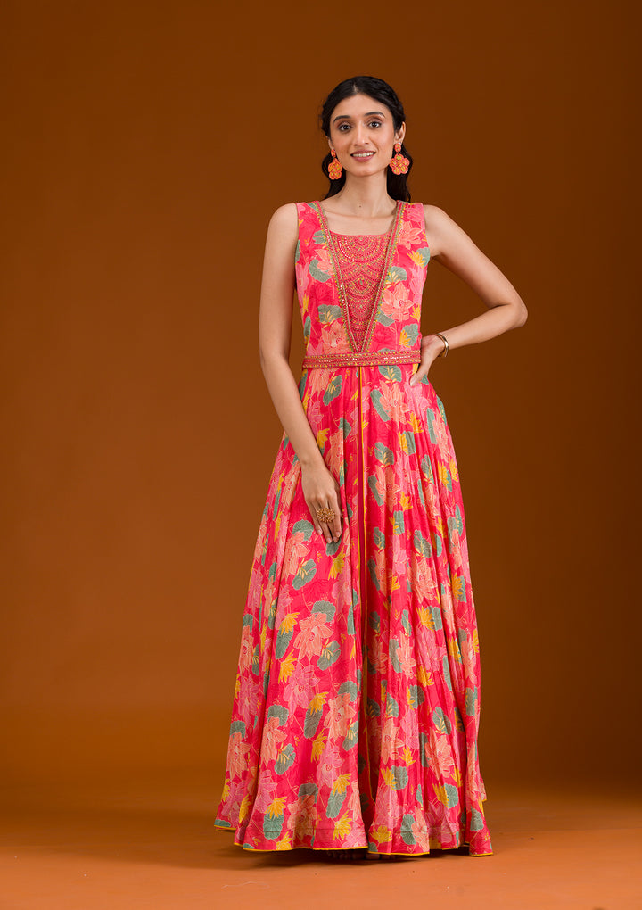 Pink Printed Semi Crepe Readymade Salwar Suit