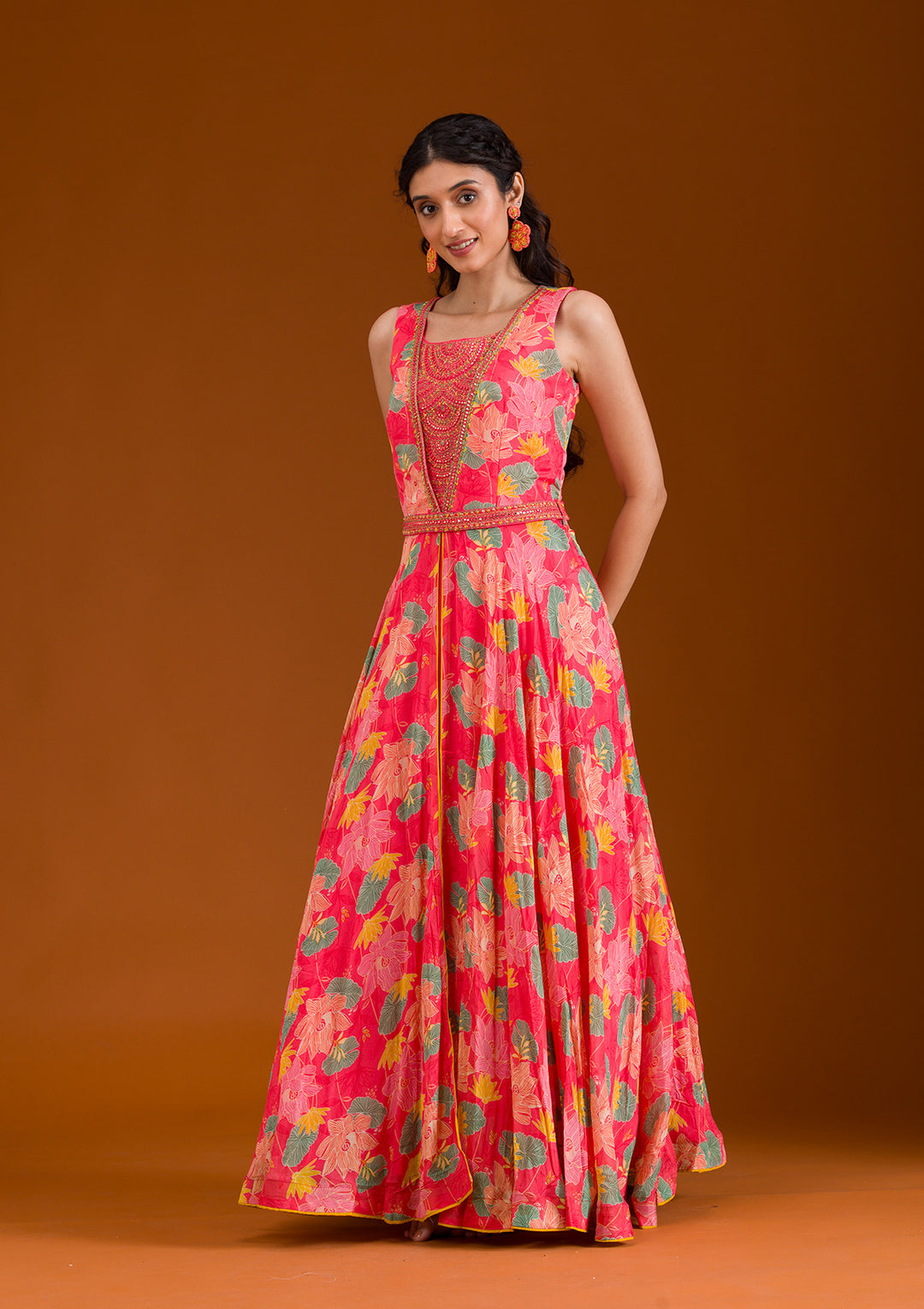 Pink Printed Semi Crepe Readymade Salwar Suit