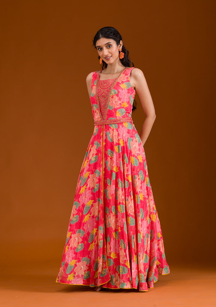 Pink Printed Semi Crepe Readymade Salwar Suit