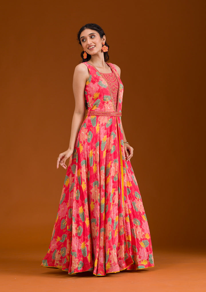 Pink Printed Semi Crepe Readymade Salwar Suit