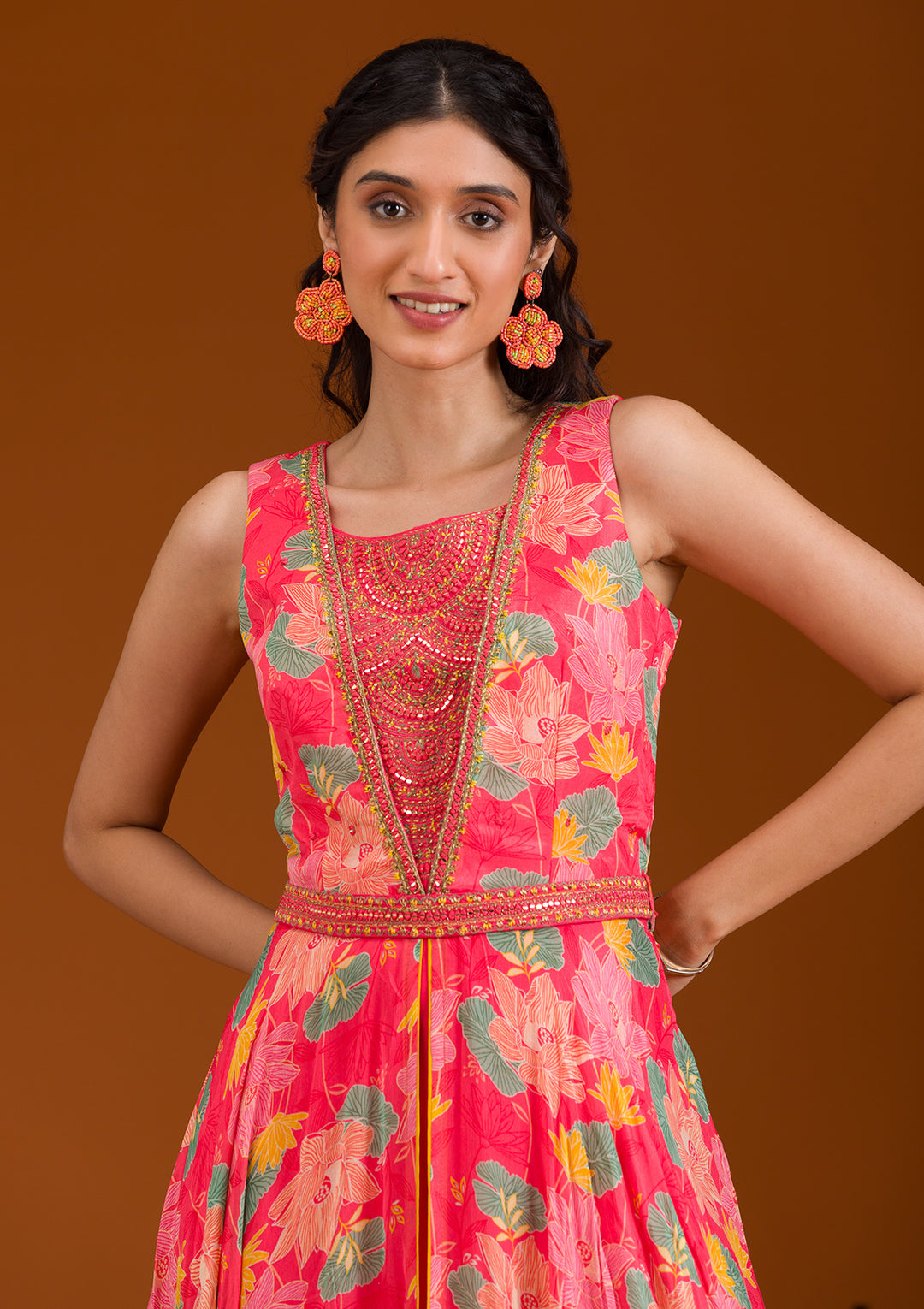 Pink Printed Semi Crepe Readymade Salwar Suit