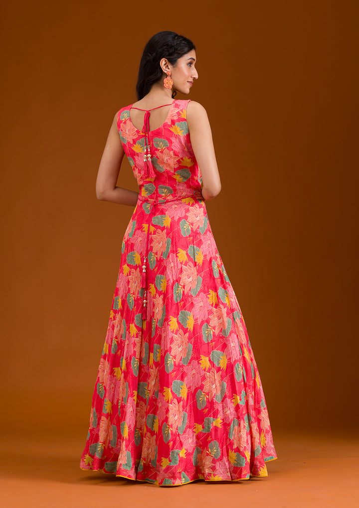 Pink Printed Semi Crepe Readymade Salwar Suit
