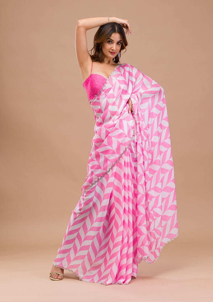 Pink Printed Satin Saree