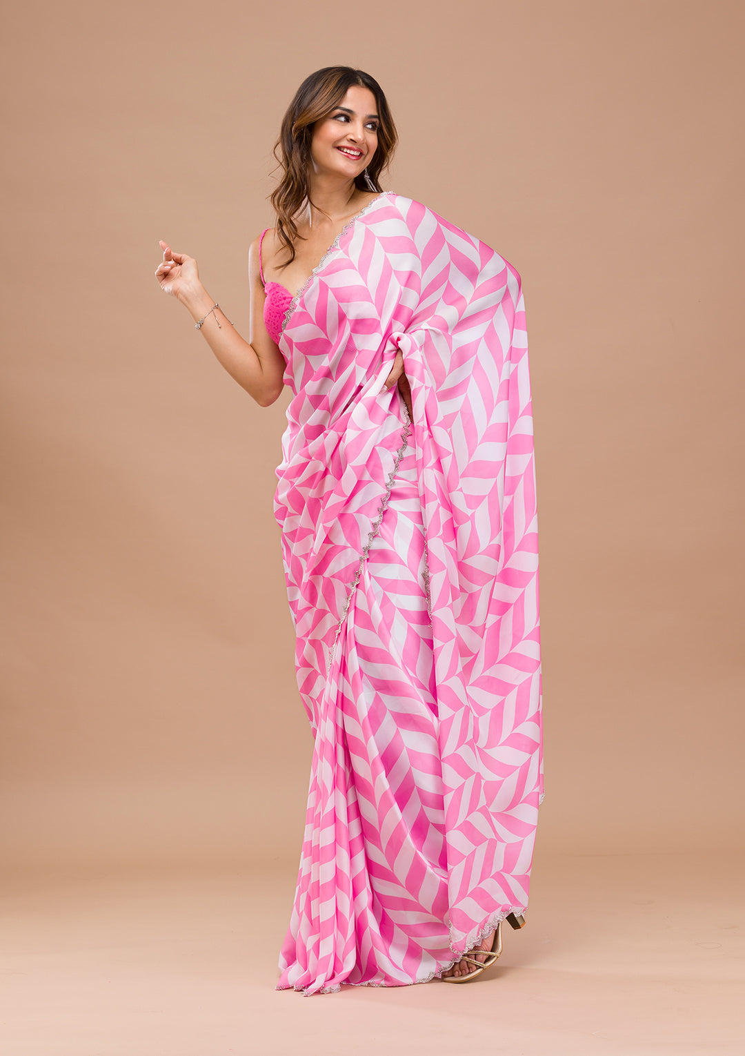 Pink Printed Satin Saree