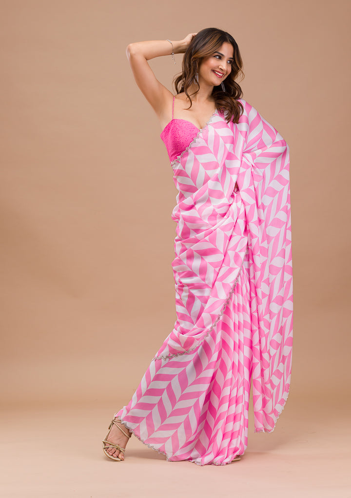 Pink Printed Satin Saree