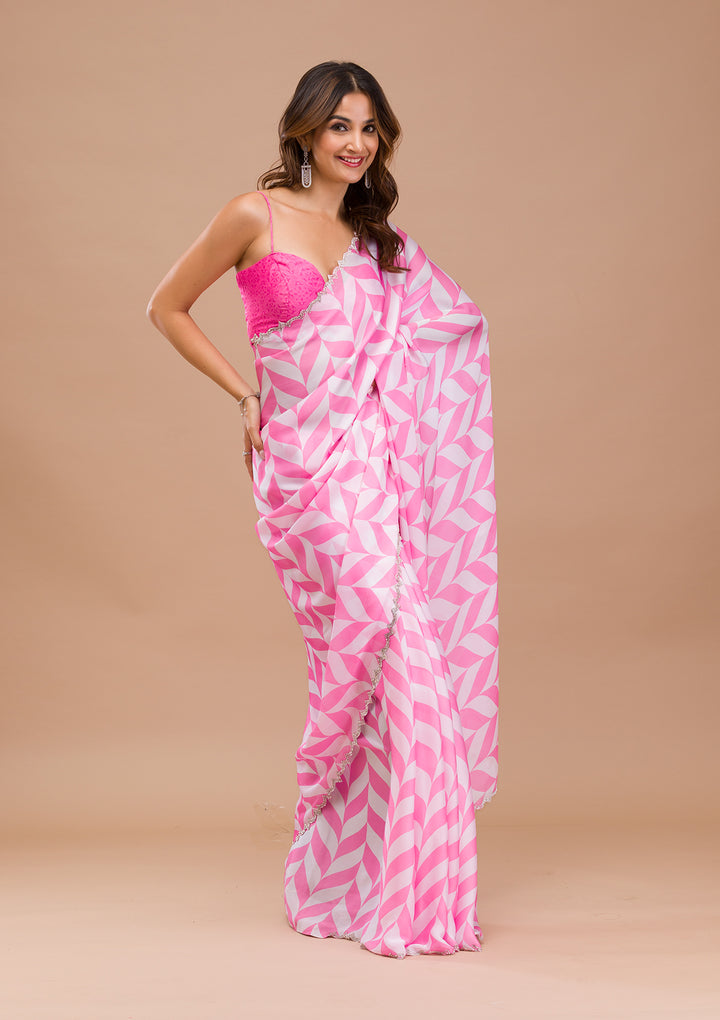 Pink Printed Satin Saree