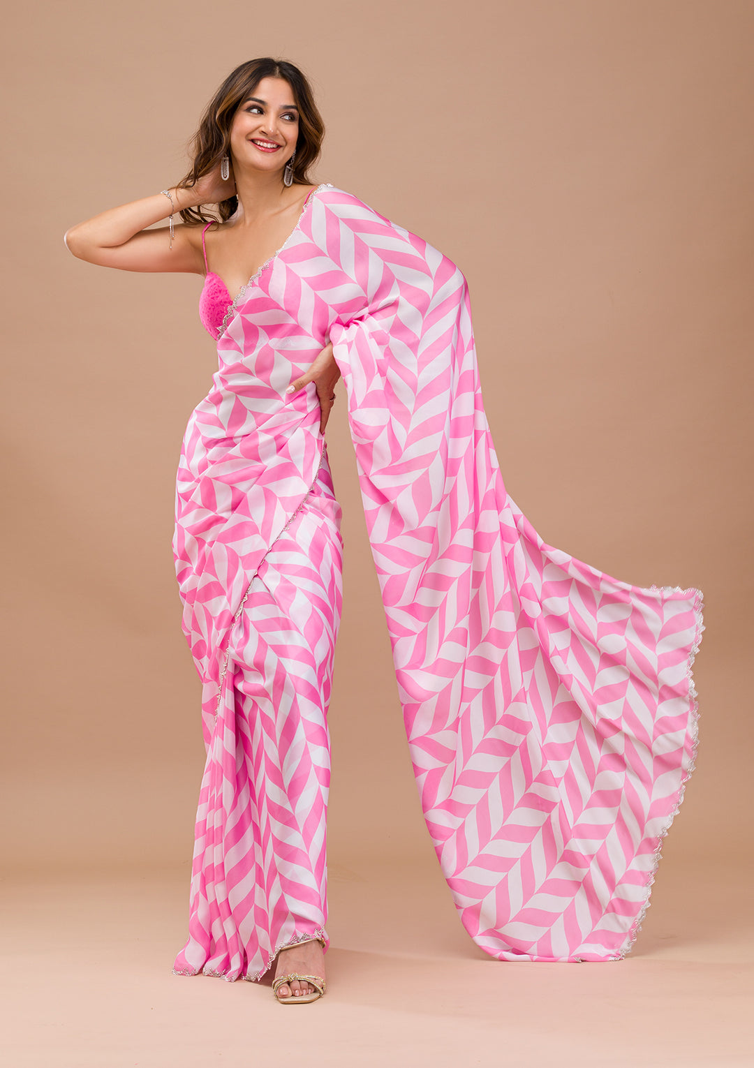 Pink Printed Satin Saree