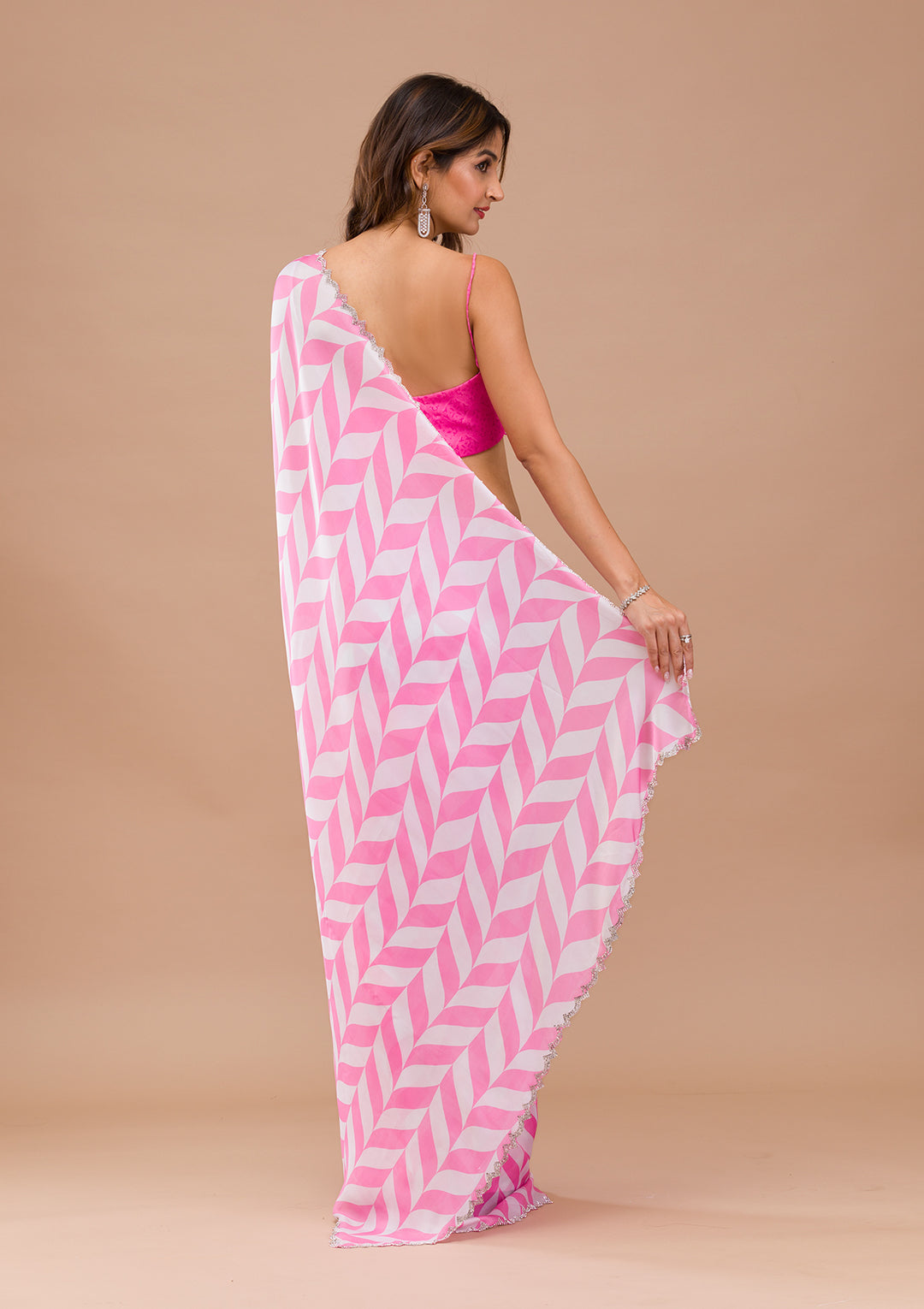 Pink Printed Satin Saree