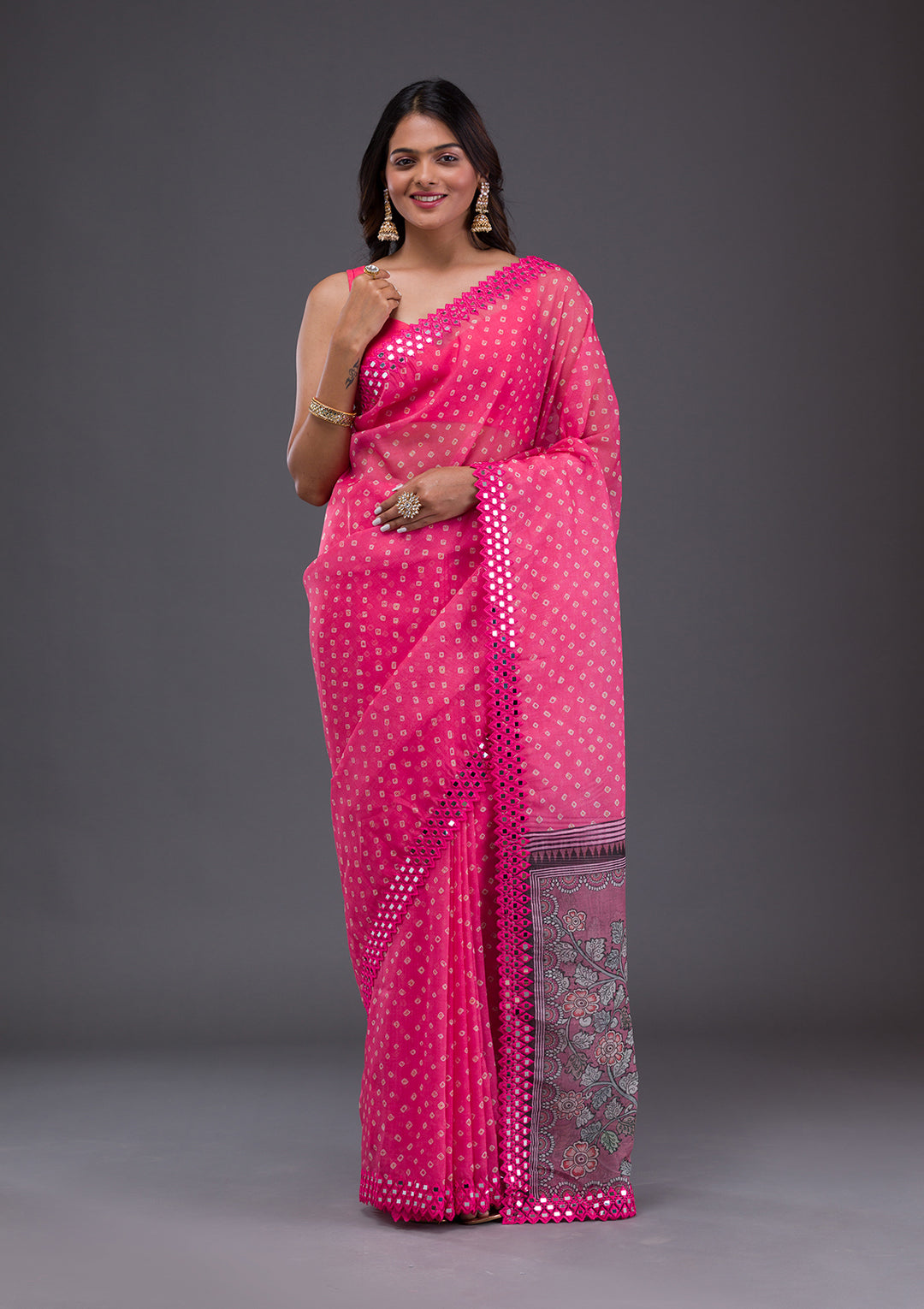 Pink Printed Satin Saree