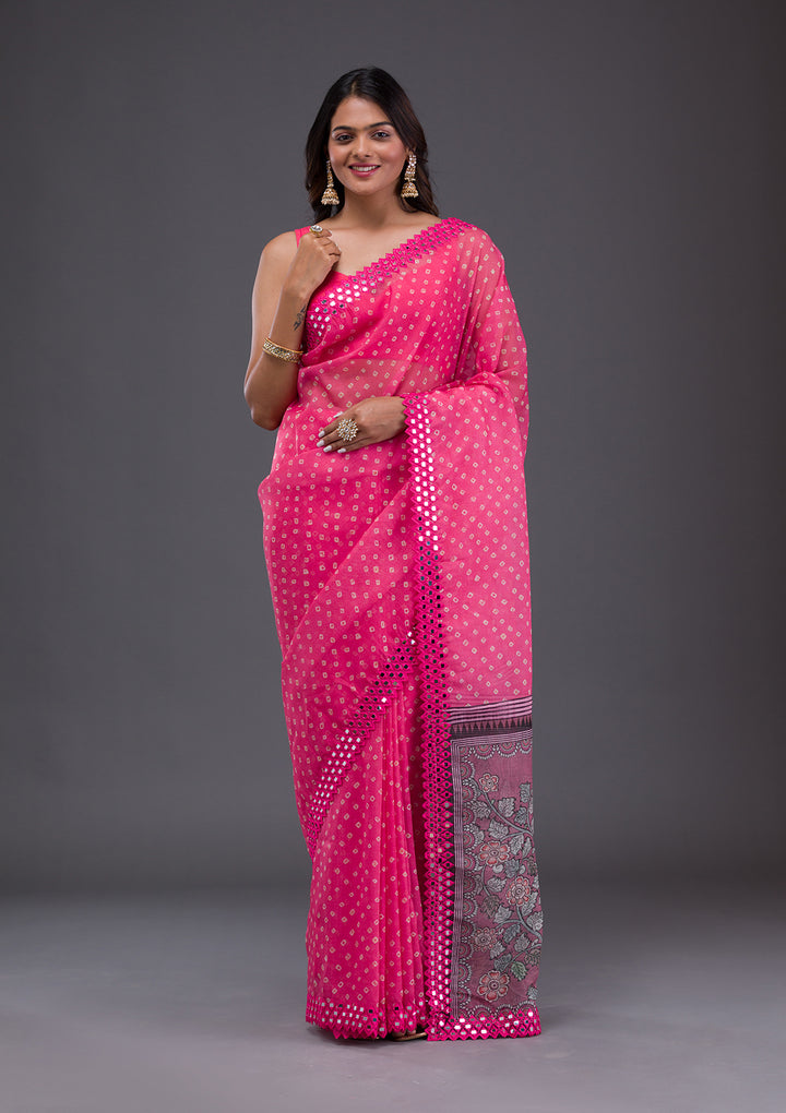 Pink Printed Satin Saree