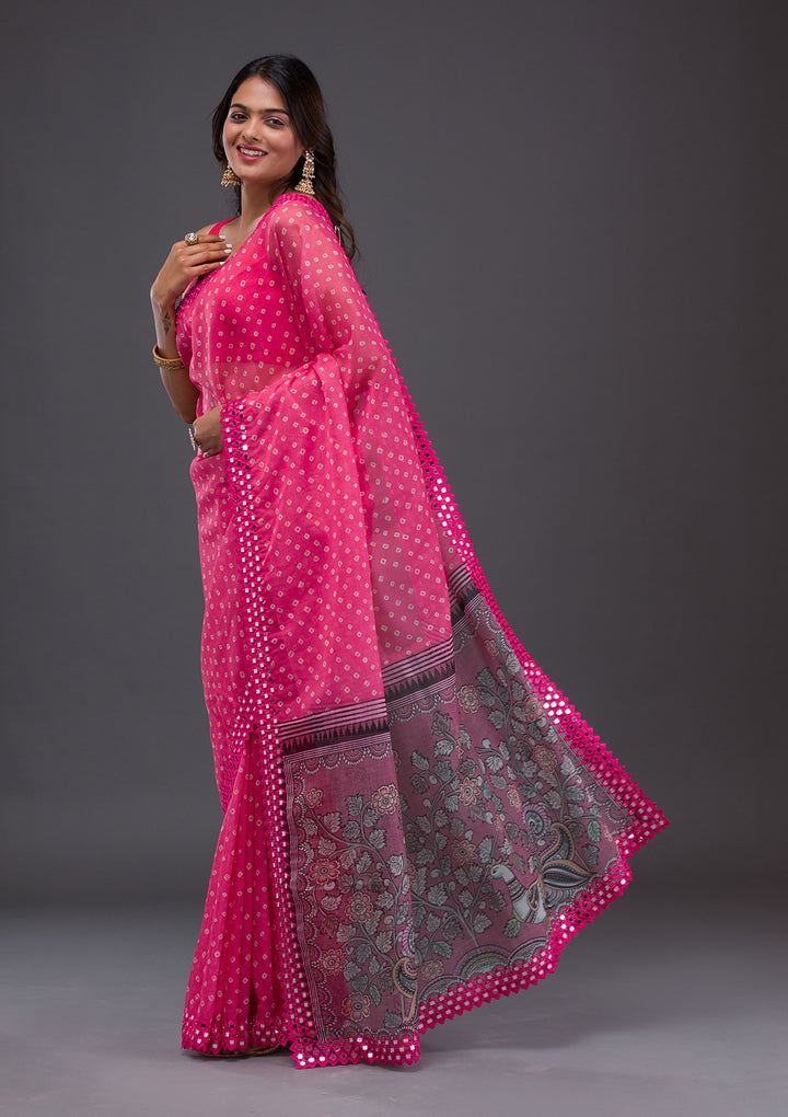 Pink Printed Satin Saree