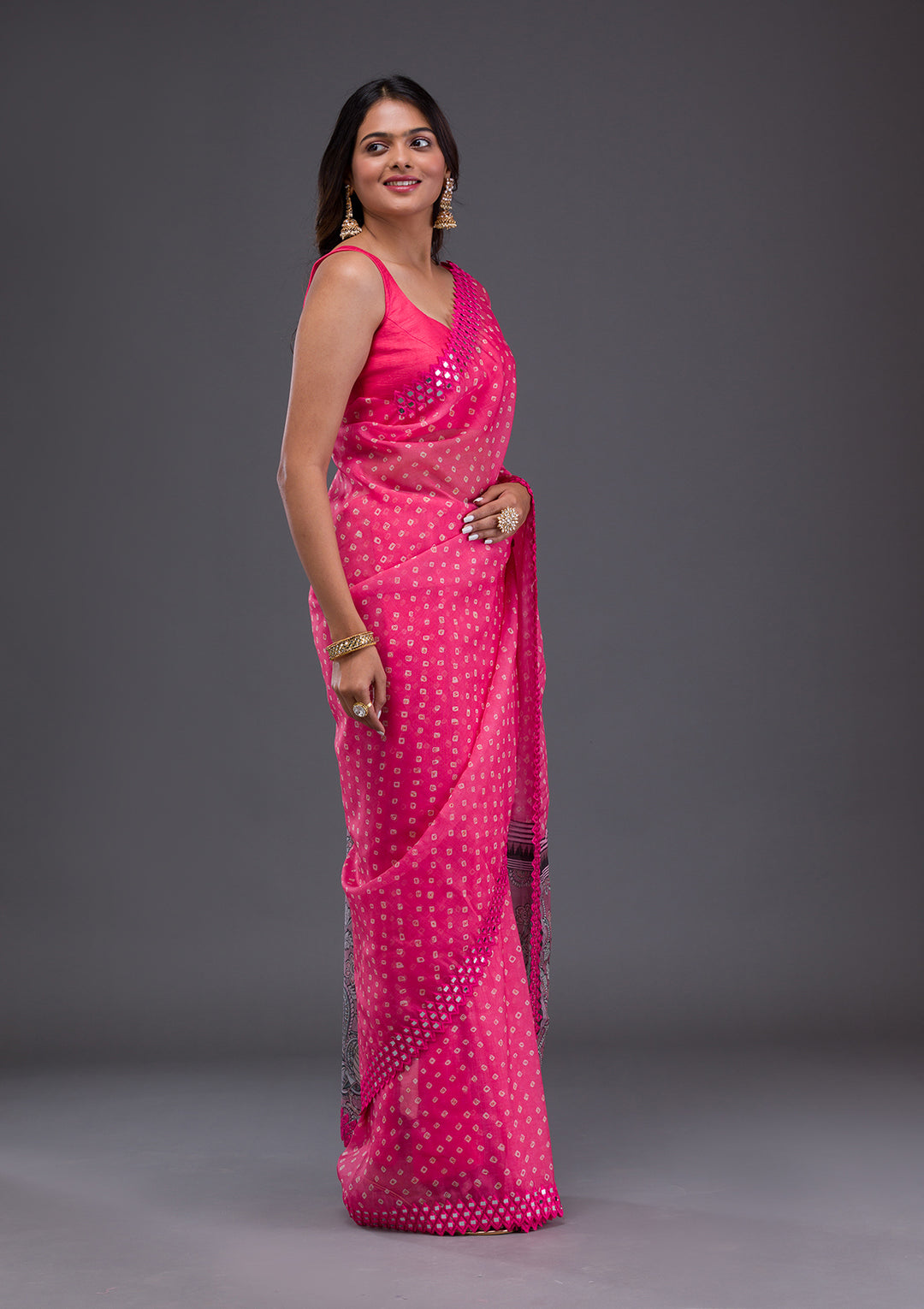 Pink Printed Satin Saree