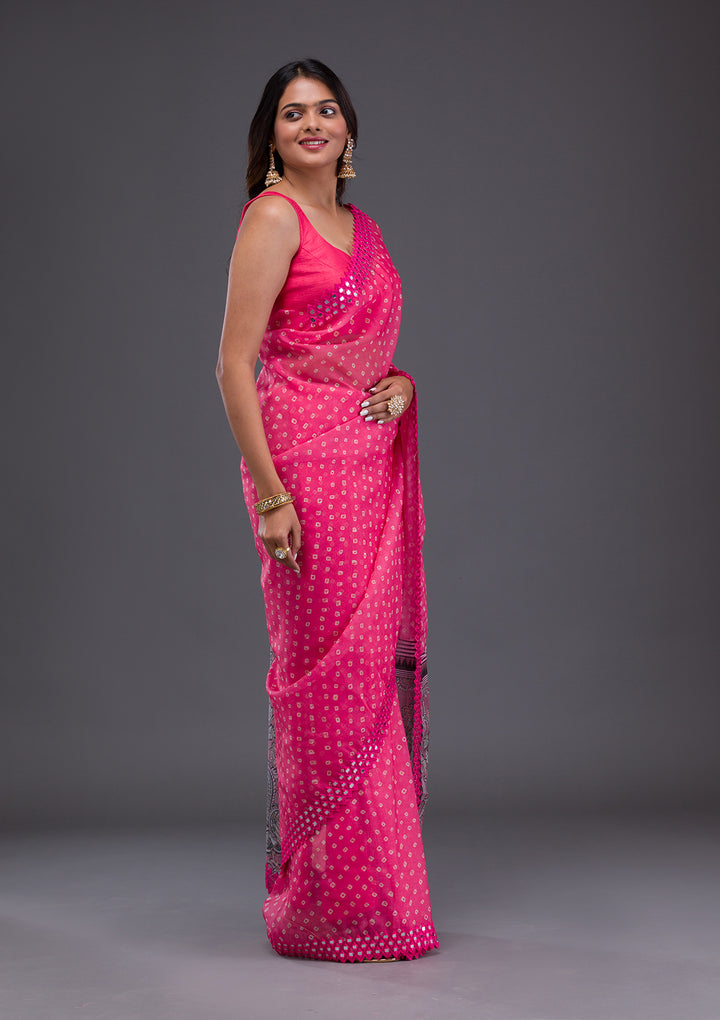 Pink Printed Satin Saree